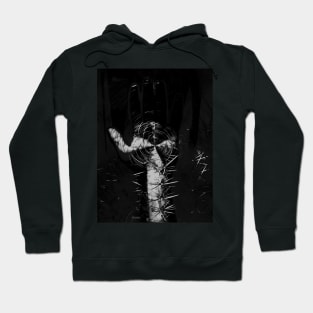Digital collage and special processing. Hand full of spikes. Cursed. Grayscale. Hoodie